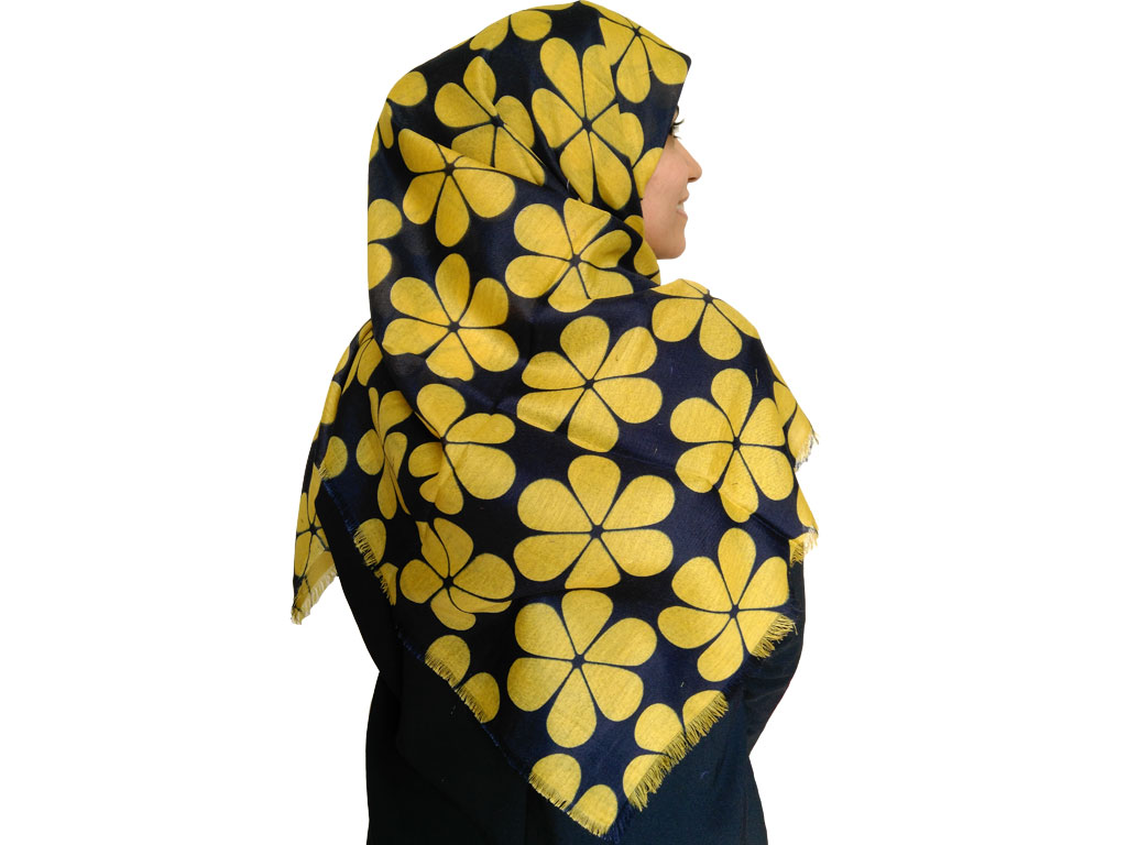روسری طرح گل سرمه ای زرد 869 | خرید شال طرح گل | شال سرمه ای زرد | خرید اینترنتی شال
